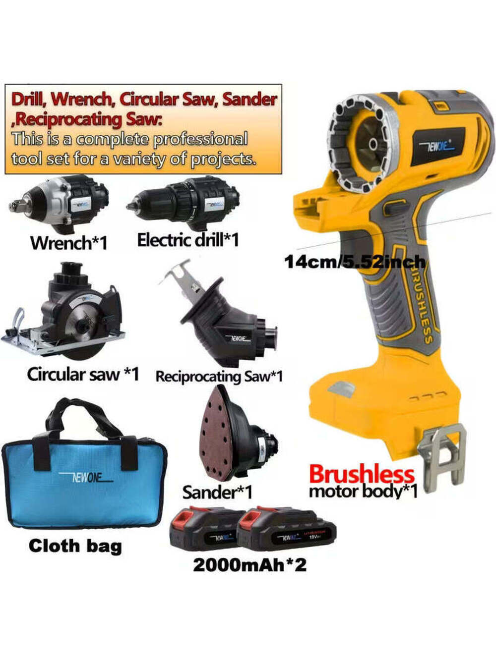 5 in 1 NEWONE 18V/20V MAX Brushless Lithium-Ion Cordless Tool Combo Kit